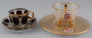 2 Antique 19thc Hand Blown Moser Art Glass Ruby Cut - To - Clear Tea Cups & Saucers