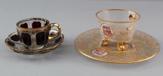 2 Antique 19thC Hand Blown Moser Art Glass Ruby Cut - to - Clear Tea Cups & Saucers 2