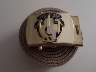 U.  S Military Khaki Web Belt With 7th Cavalry Garry Owen Brass Buckle U.  S Made