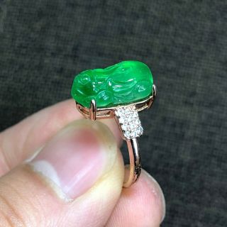 Chinese Green Jadeite Jade Carved Fortune Pi Xiu Handwork Rare No.  6.  5 - 12 Ring