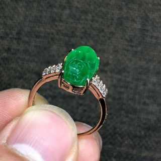 Chinese Green Jadeite Jade Carved Fortune Pi Xiu Handwork Rare No.  6.  5 - 12 Ring 2