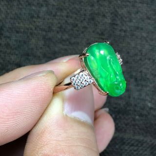 Chinese Green Jadeite Jade Carved Fortune Pi Xiu Handwork Rare No.  6.  5 - 12 Ring 4