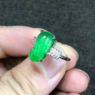 Chinese Green Jadeite Jade Carved Fortune Pi Xiu Handwork Rare No.  6.  5 - 12 Ring 5