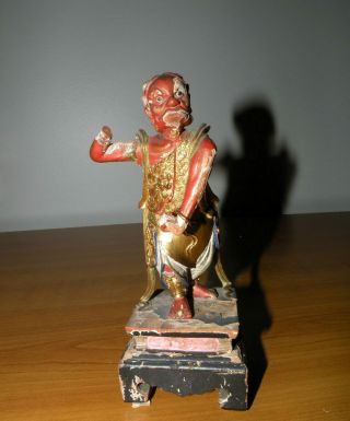 19thc Chinese Polychrome Painted & Gilt Carved Wood Red Demon Temple Figure