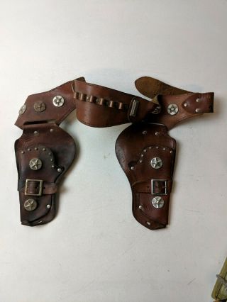 Vintage Saddle Leather Western Cowboy Cap Gun Holster Red Studs