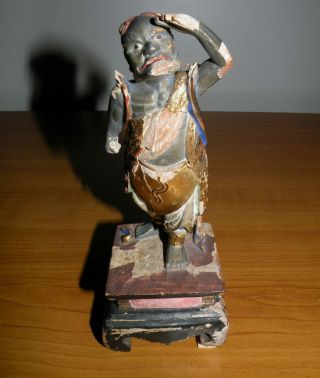 19thc Chinese Polychrome Painted & Gilt Carved Wood Black Demon Temple Figure