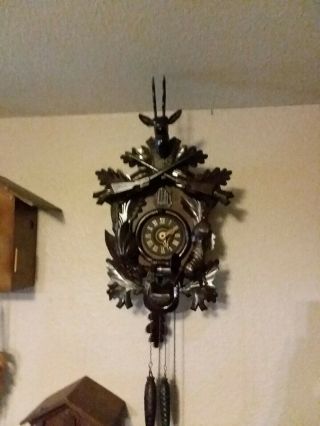 Antique Black Forest Hunter Cuckoo Clock Large Wood Carving