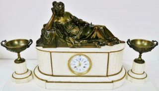 Antique French Solid Bronze Figural Mantel Clock 8 Day Marble Mantel Clock Set 2