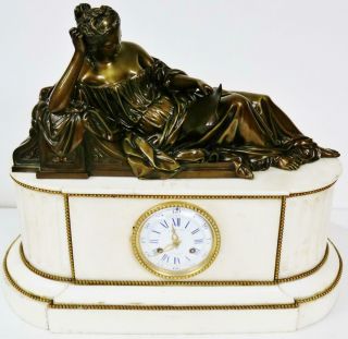 Antique French Solid Bronze Figural Mantel Clock 8 Day Marble Mantel Clock Set 4