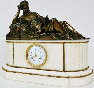 Antique French Solid Bronze Figural Mantel Clock 8 Day Marble Mantel Clock Set 5