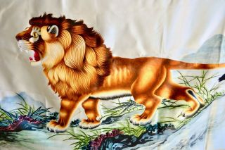 Vintage Embroidered Chinese Silk Panel 5 Toed Lion Hong Kong Yue Hwa Signed