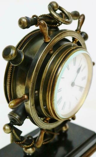 Rare Antique French Bronze & Silvered Nautical Ships Wheel Mantel Carriage Clock 4
