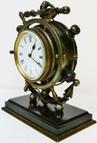 Rare Antique French Bronze & Silvered Nautical Ships Wheel Mantel Carriage Clock 7