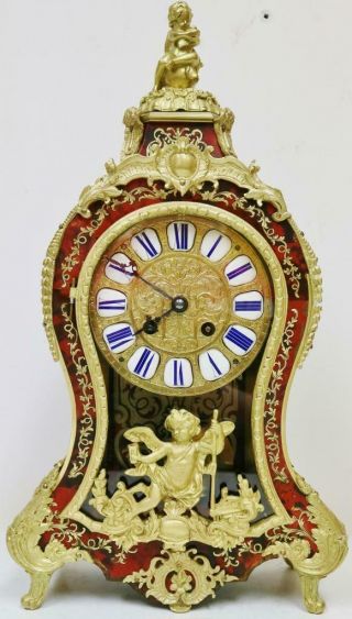 Antique 19thc French 8 Day Striking Red Shell & Brass Inlaid Boulle Mantel Clock
