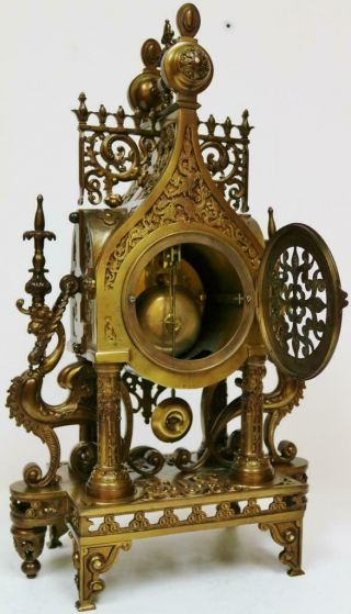 Antique French 8 Day Bronze Portico Mantel Clock,  Oriental Influenced Designs 10
