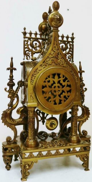 Antique French 8 Day Bronze Portico Mantel Clock,  Oriental Influenced Designs 12