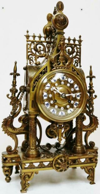 Antique French 8 Day Bronze Portico Mantel Clock,  Oriental Influenced Designs 2