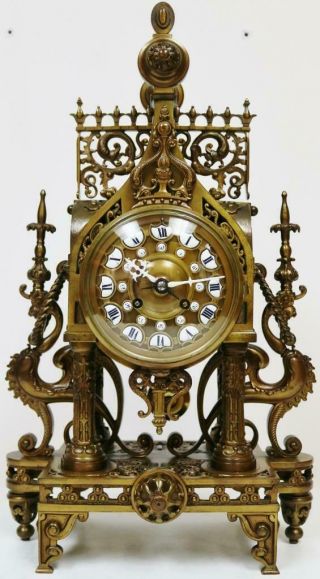 Antique French 8 Day Bronze Portico Mantel Clock,  Oriental Influenced Designs 3