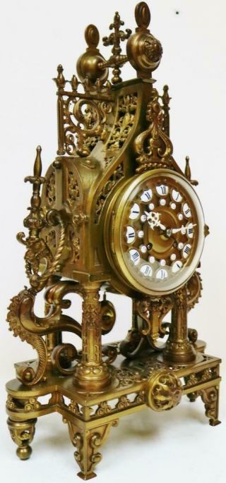 Antique French 8 Day Bronze Portico Mantel Clock,  Oriental Influenced Designs 4