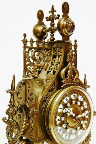 Antique French 8 Day Bronze Portico Mantel Clock,  Oriental Influenced Designs 6