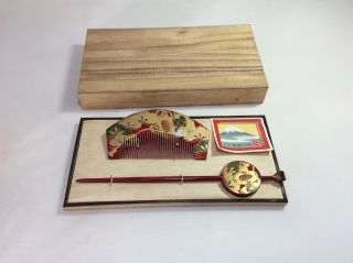 Vintage Japanese Geisha Hair Pin Kanzashi And Comb Set Red Gold Flowers Makie