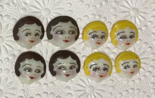 Old Antique Vintage Hand Painted Seashell Faces Folkart Doll Ladies 8 Piece Set