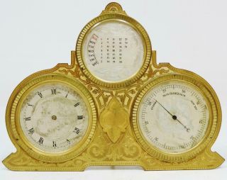 Rare Antique French Bronze Ormolu Combination Barometer,  Calendar Desk Clock