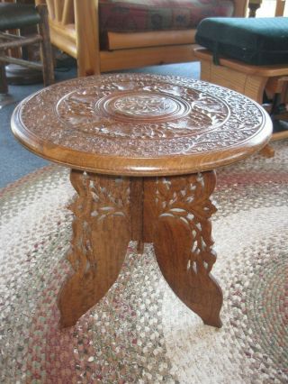 Vintage Hand Carved Wooden Side Folding Table Made In India