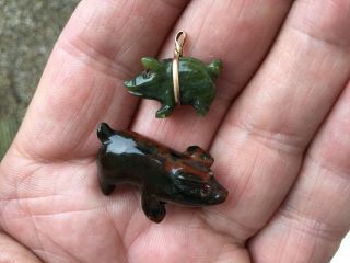 2 X Antique 9ct Gold Jade Nephrite Pig Chinese Netsuke ? Carvings