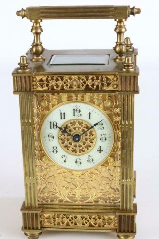 EXQUISITE ANTIQUE FRENCH CARRIAGE CLOCK with FILIGREE GILT MASKED DIAL & SIDES 10