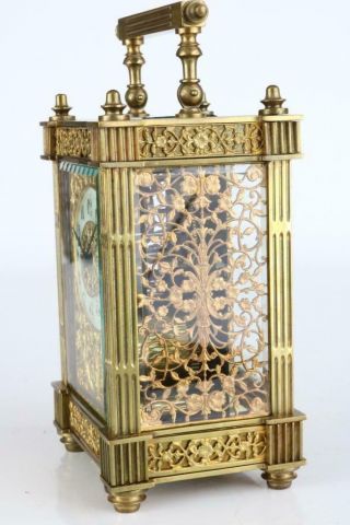 EXQUISITE ANTIQUE FRENCH CARRIAGE CLOCK with FILIGREE GILT MASKED DIAL & SIDES 11