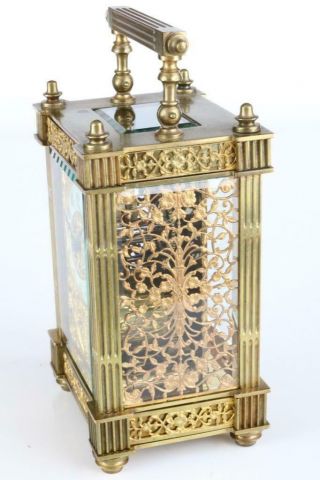 EXQUISITE ANTIQUE FRENCH CARRIAGE CLOCK with FILIGREE GILT MASKED DIAL & SIDES 12