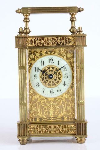 Exquisite Antique French Carriage Clock With Filigree Gilt Masked Dial & Sides