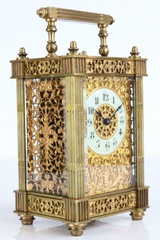 EXQUISITE ANTIQUE FRENCH CARRIAGE CLOCK with FILIGREE GILT MASKED DIAL & SIDES 3