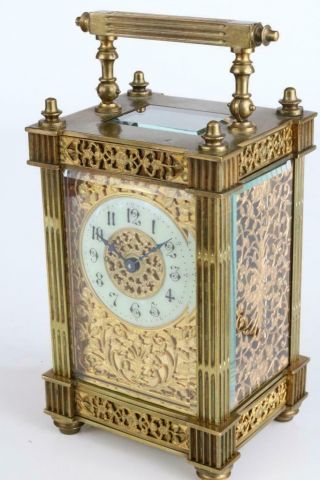 EXQUISITE ANTIQUE FRENCH CARRIAGE CLOCK with FILIGREE GILT MASKED DIAL & SIDES 4