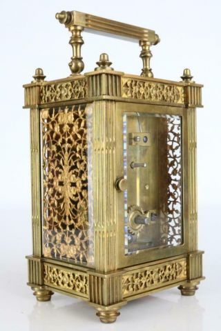 EXQUISITE ANTIQUE FRENCH CARRIAGE CLOCK with FILIGREE GILT MASKED DIAL & SIDES 5