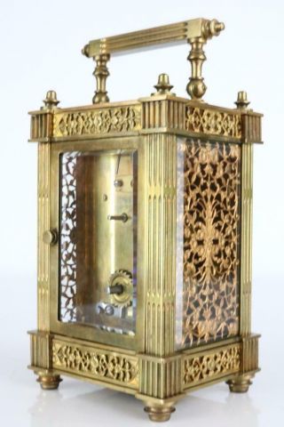 EXQUISITE ANTIQUE FRENCH CARRIAGE CLOCK with FILIGREE GILT MASKED DIAL & SIDES 6