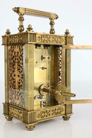 EXQUISITE ANTIQUE FRENCH CARRIAGE CLOCK with FILIGREE GILT MASKED DIAL & SIDES 7
