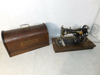 Antique Portable Western Electric Sewing Machine Art Nouveau Wood Case Key Parts