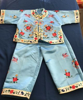 Vintage Chinese Silk Embroidered Robe Jacket Tunic & Pants: Small Child Size