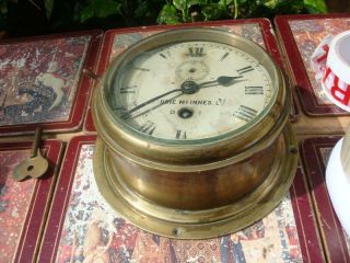 Vintage Brass Mounted mariner Ships Clock Dobbie McInnes With Key 2