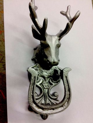 Vintage Silver Cast Iron Door Knocker Stag Head,  Door Handle,  Antlers