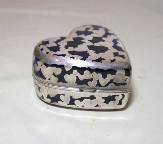 Vintage Jaeger Sterling Silver Cobalt Glass Heart Shaped Dresser Box Jar Dish