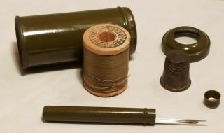 Vintage Military Travel Sewing Kit Metal Tube Thimble Thread Needles