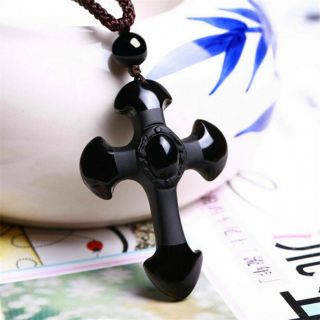 Hot Natural Black Obsidian Carved Cross Lucky Pendants,  Beads Necklace