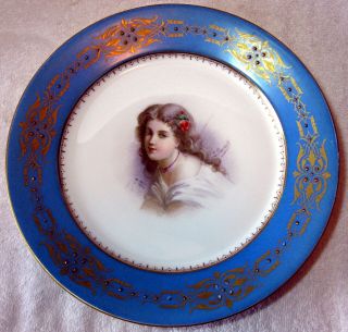 Aantique French Sevres Type Porcelain Hand Painted Signed Portrait Cabinet Plate