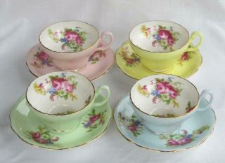 4 Vintage Foley Cups & Saucers Pink Blue Green & Yellow With Floral Sprays
