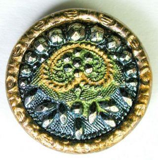 Antique Glass In Metal Button W/ Multiple Luster Peacock Feather Design - 5/8 "