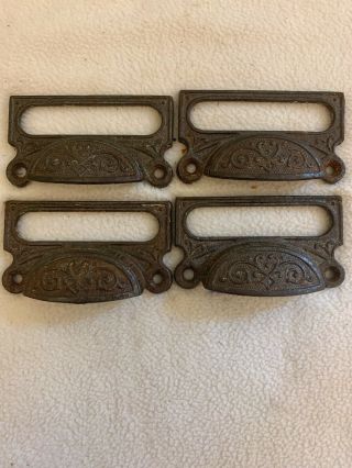 Set Of 4 Antique Vintage Ornate Cast Iron Drawer Bin Pulls Handles Label Holder