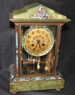 French Four Glass Clock With Onyx & Enamel Detail
